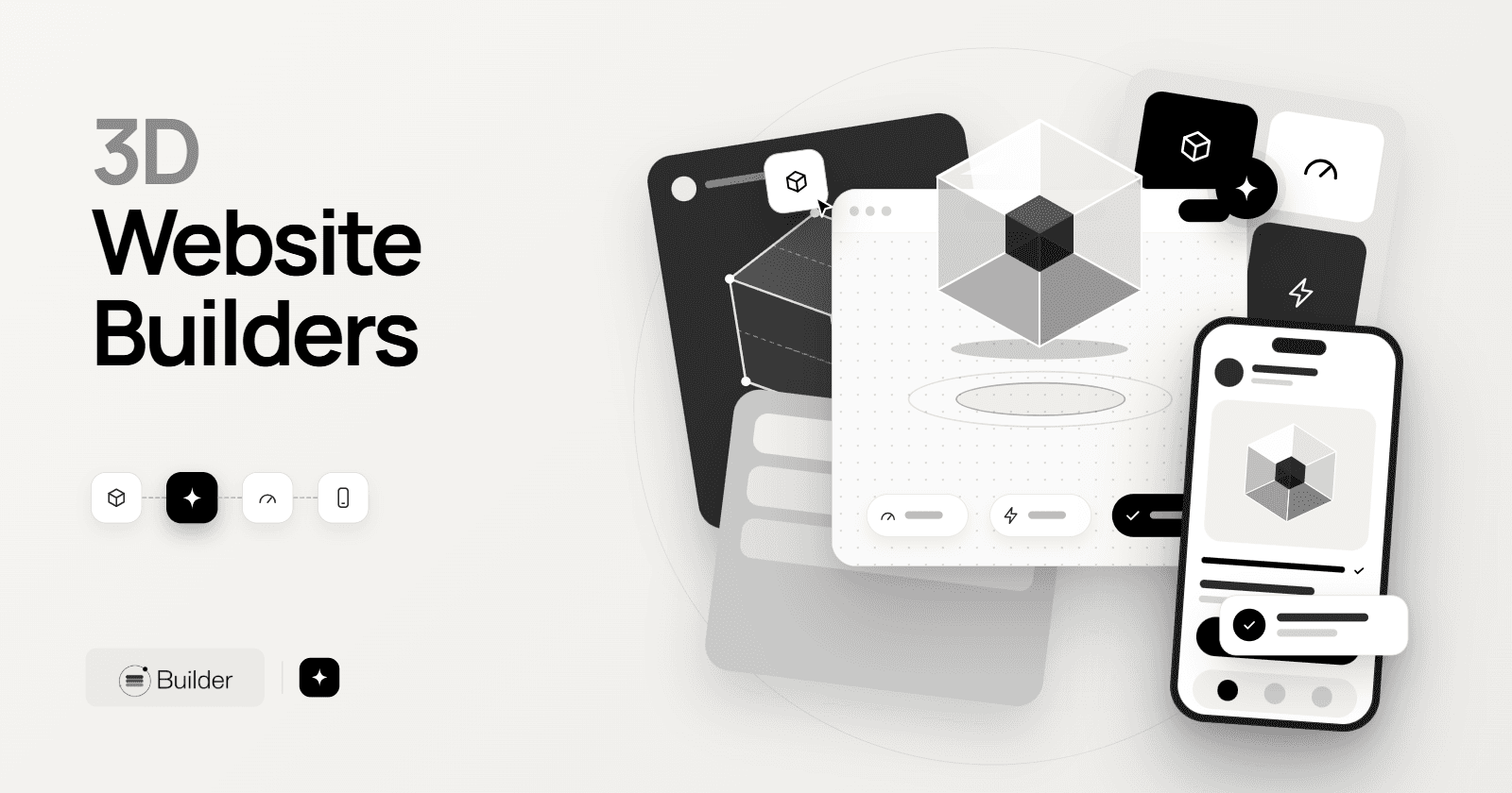 3D website builder illustration with interactive dimensional elements in responsive page layouts