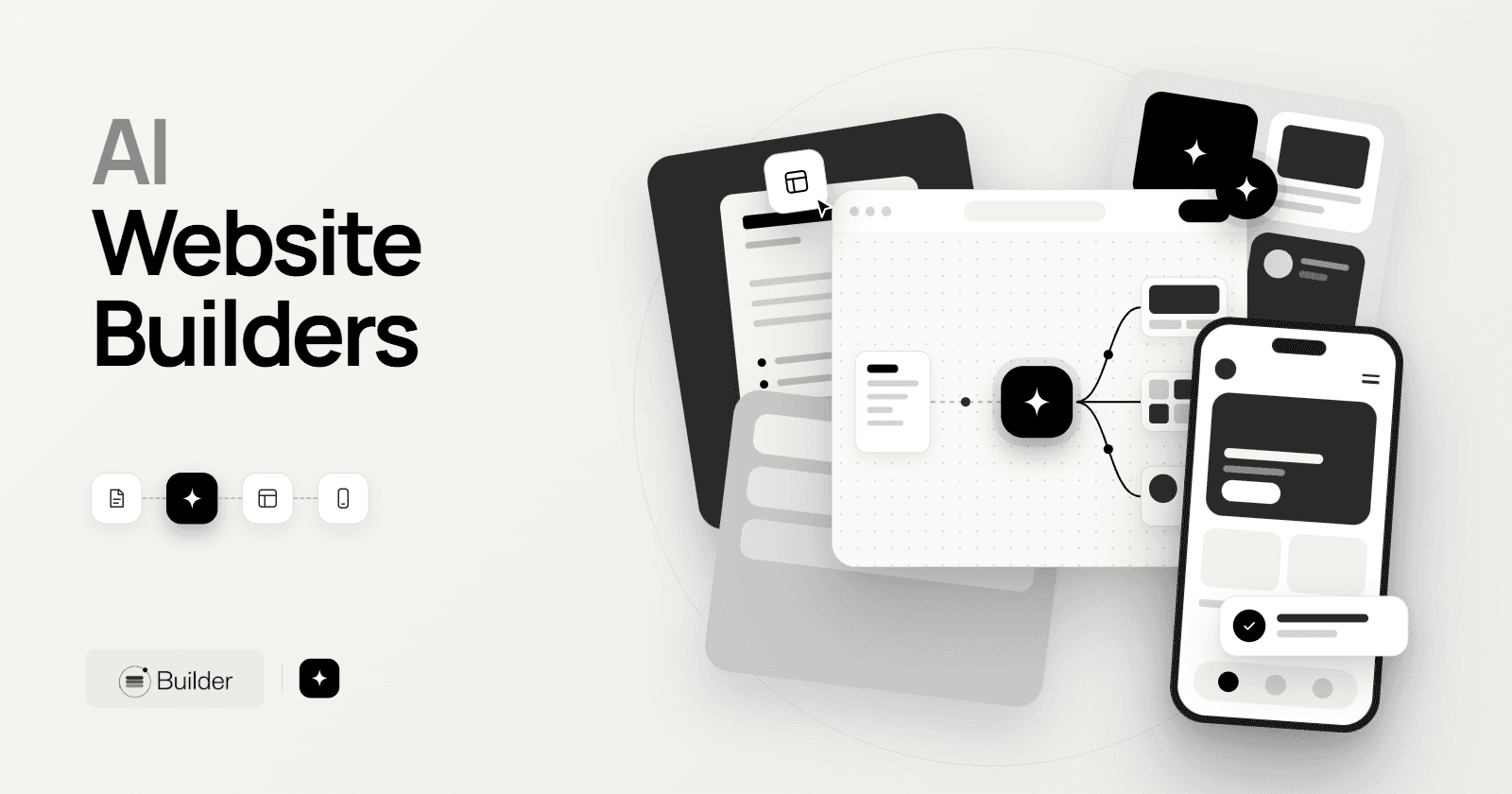 AI website builder illustration showing generated page layouts across desktop and mobile screens