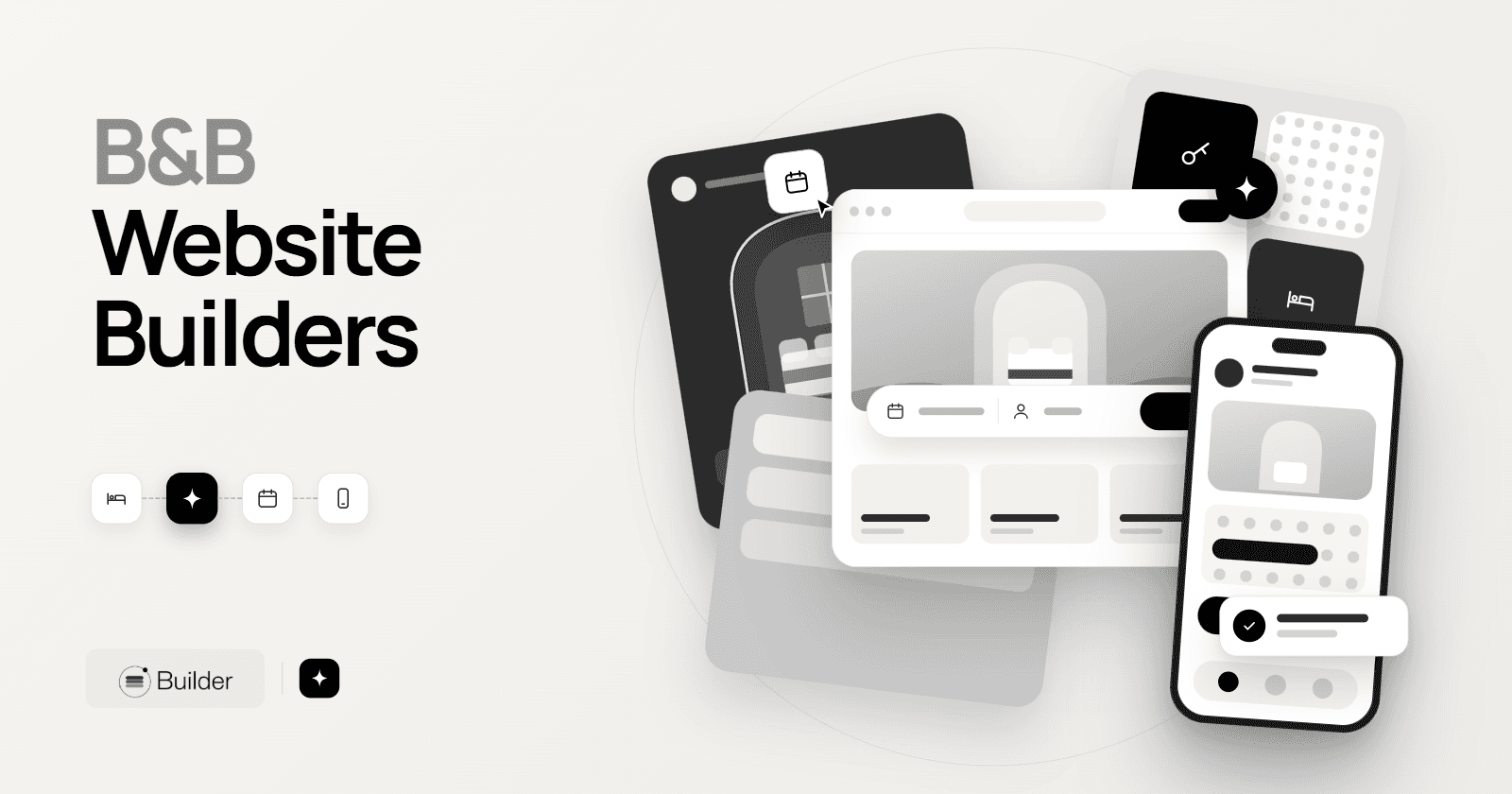Bed and breakfast website builder illustration with responsive room and booking page previews