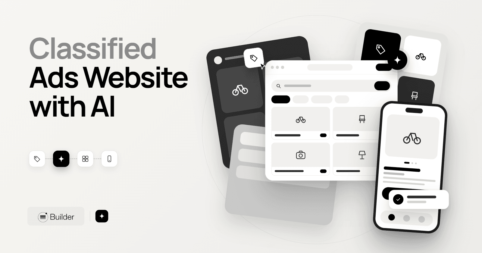 Classified ads website illustration with searchable listing cards across desktop and mobile