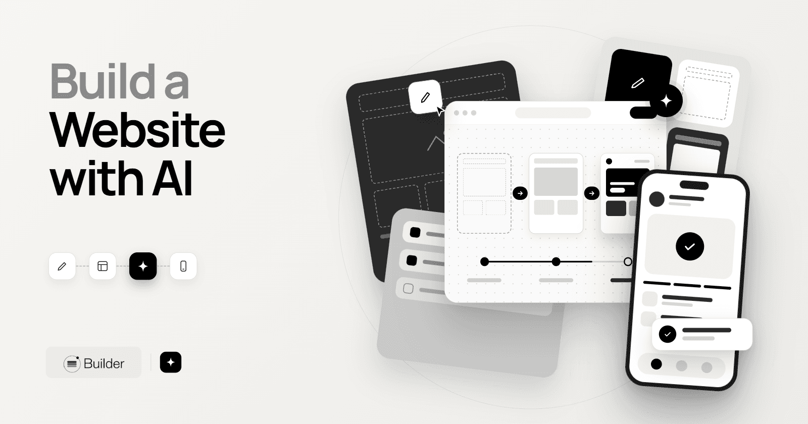 Website with AI illustration showing a generated site draft across devices