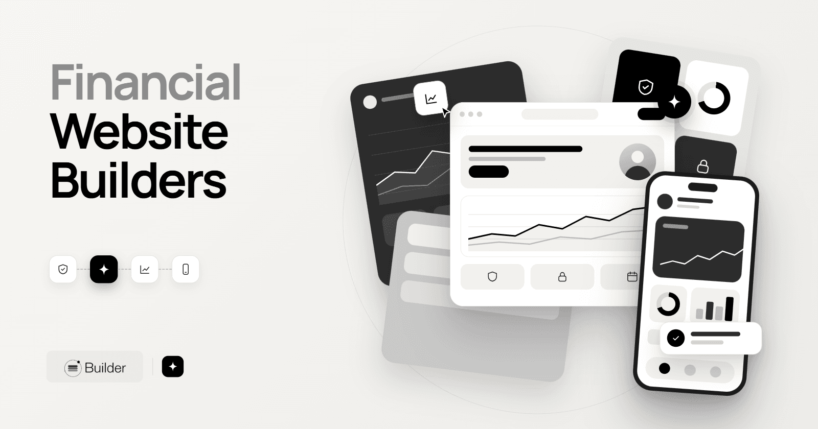 Financial services website builder illustration with a professional chart and responsive page layouts