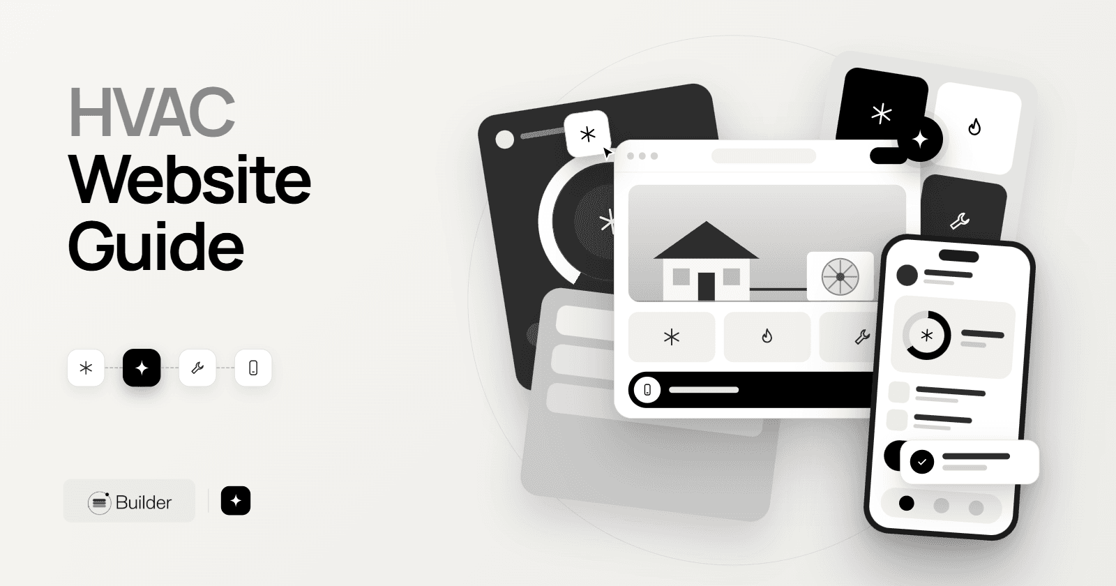 HVAC website illustration with home service pages and contact details across devices