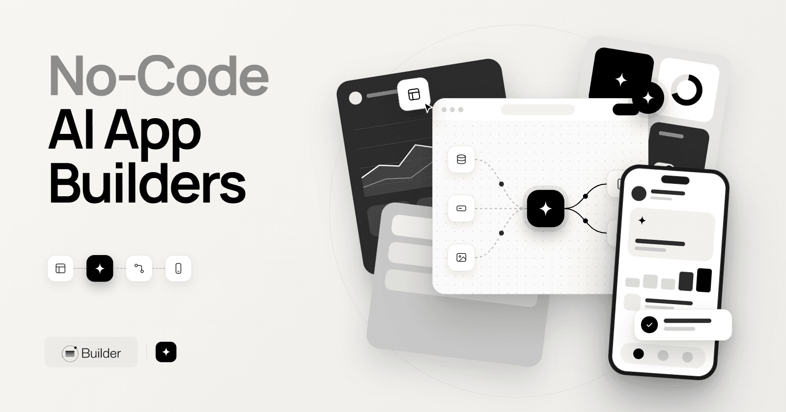 No-code AI app builder illustration with workflow panels and mobile app previews