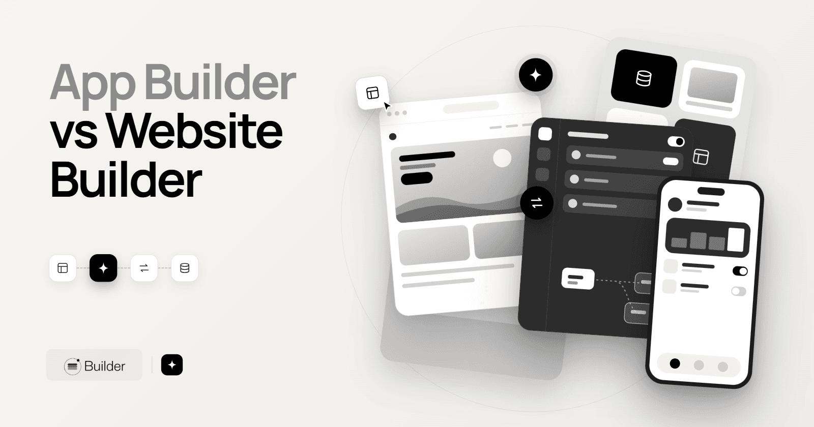 App builder versus website builder comparison illustration with distinct public page and app dashboard previews
